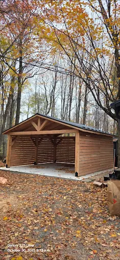 Timber-frame open carport with metal roof in an autumn forest